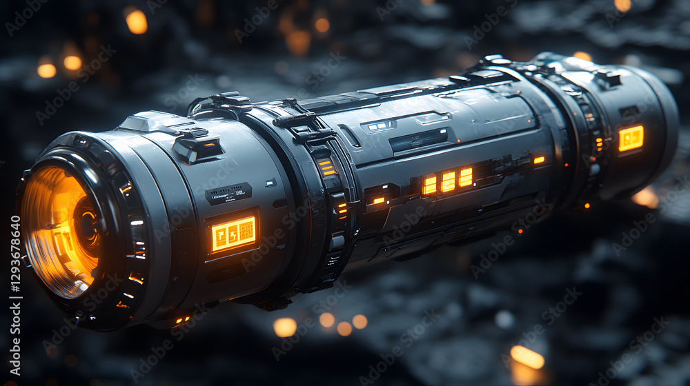 Poster futuristic tech cylinder: a cutting-edge cylindrical device glows with intricate internal light and 