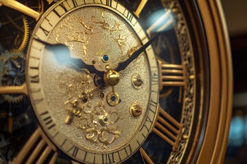Close-up shot of intricate gold clock mechanisms