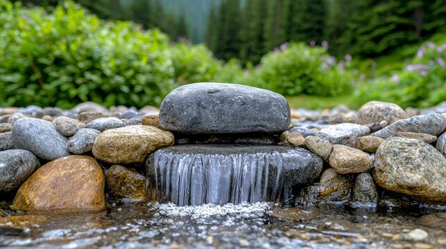 Small waterfall flowing over rocks in a natural setting surrounded by greenery and stones
