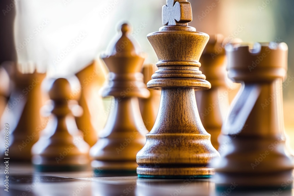 Poster a close-up view of wooden chess pieces on a chessboard