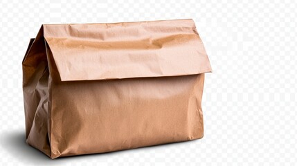 Obraz premium Brown paper lunch bag on a white background with a folded top for food packaging or takeaway use
