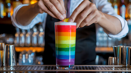 Rainbow Cocktail Creation. A bartender carefully garnishes a vibrant rainbow-layered cocktail at a bar, symbolizing celebration, diversity, and mixology artistry.