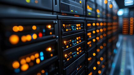 Illuminated Server Racks: rows of powerful server racks glow with the light of data processing, the backbone of a modern digital infrastructure.