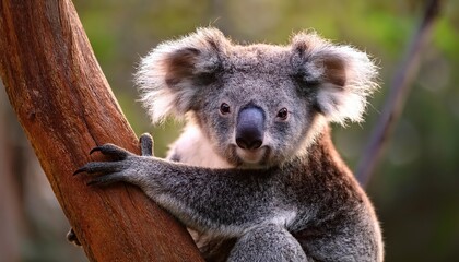 Naklejka premium Koala Phascolarctos cinereus Perched on Tree Branch in Australian Rainforest, Capturing Serene Tranquility and Striking Details with a Dash of Introspection