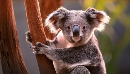 Naklejka premium Koala Phascolarctos cinereus Perched on Tree Branch in Serene Australian Rainforest, Displaying Calm and Contemplative Mien Amidst Vibrant Foliage.