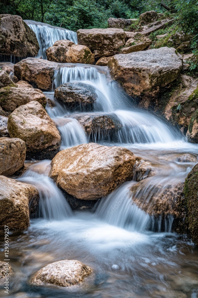 Poster a small waterfall flows over rocks in a dense forest
