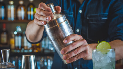 Shaking a Classic Margarita. A close-up of a bartender vigorously shaking a cocktail shaker filled with ice, preparing a zesty margarita. 