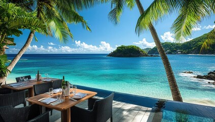 Oceanfront Restaurant with Palm Trees and Turquoise Water