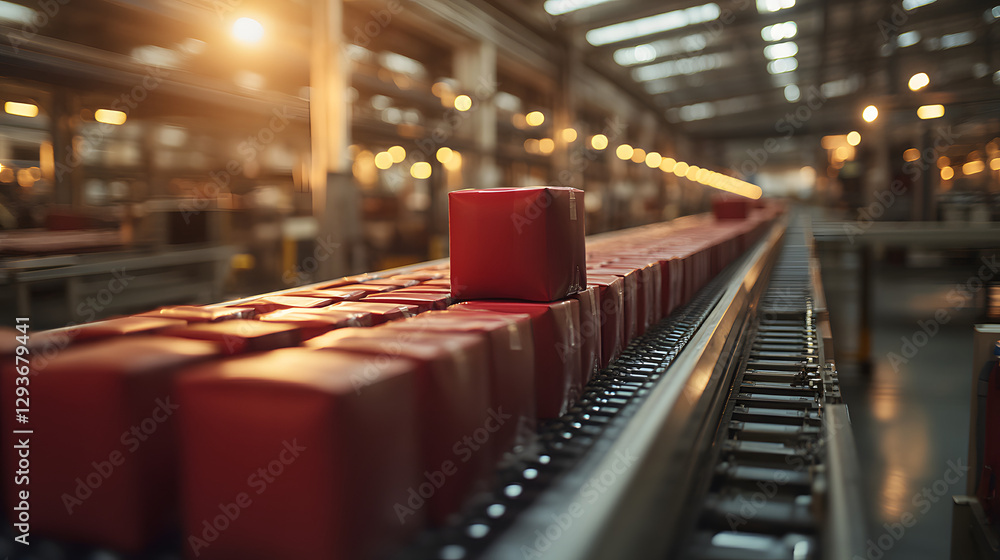 Aufkleber automated production line: boxes travel along a conveyor belt in a factory environment, illuminated 