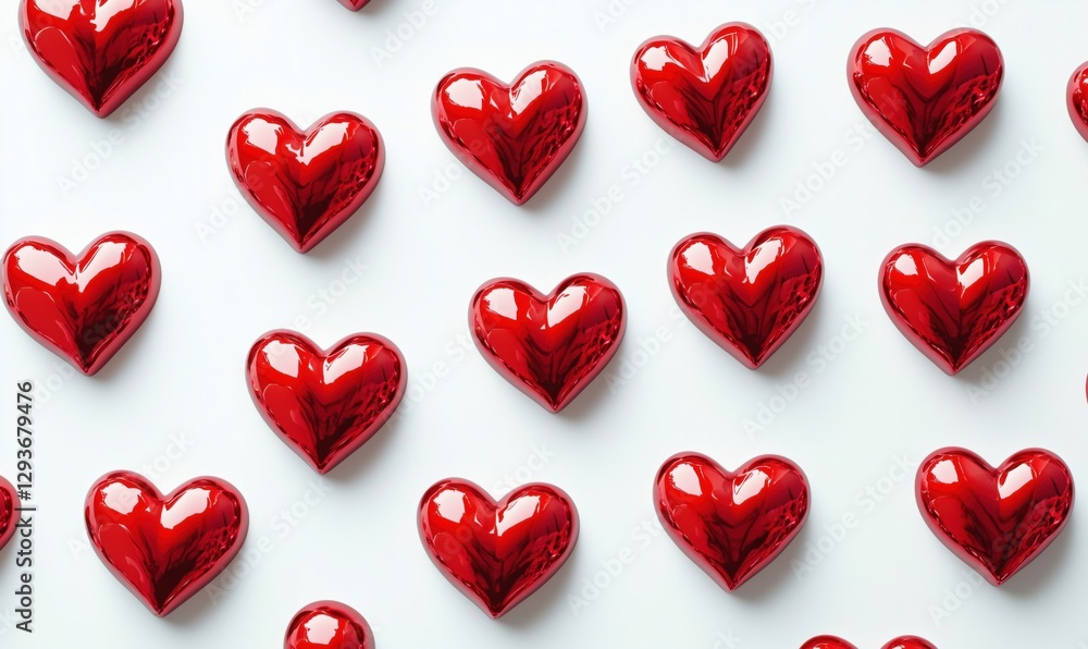 Poster red heart-shaped decorations arranged in a seamless pattern on a white background