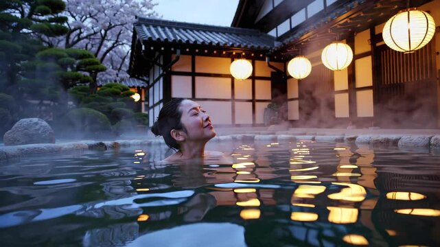 Japanese Woman in a Traditional Ryokan Onsen: A Serene Outdoor Bath Under the Cherry Blossoms