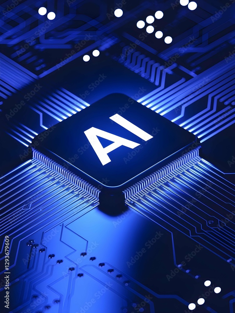 Poster National Ai Day, A glowing AI chip on a detailed circuit board, symbolizing artificial intelligence, advanced technology, and the future of computing