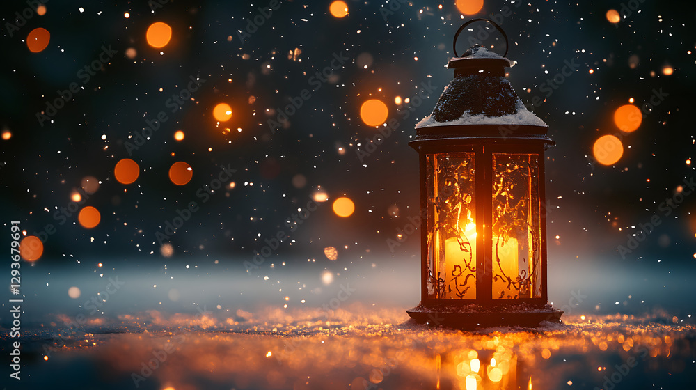 Poster glowing lantern in snowy scene: a warm, inviting lantern casts a soft glow amidst a serene snowy bac