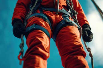 Person climbing or suspended by rope wearing bright orange jumpsuit, useful for adventure or action scenes