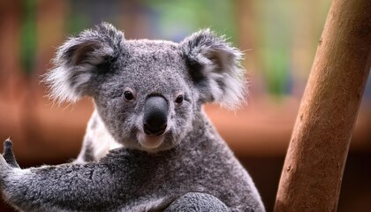 Naklejka premium A captivating moment of a sleepy koala bear in a zoo at sunrise, nestled amidst lush greenery and bathed in early morning light, evoking tranquility and serenity.