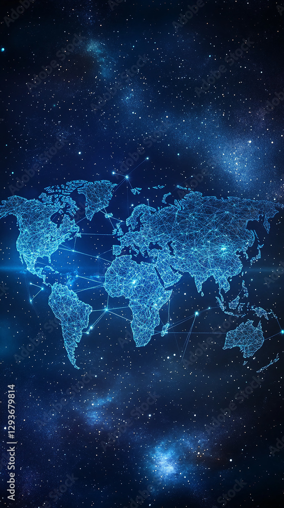 Aufkleber digital world map with glowing blue lines and dots, showcasing global connections and networked comm