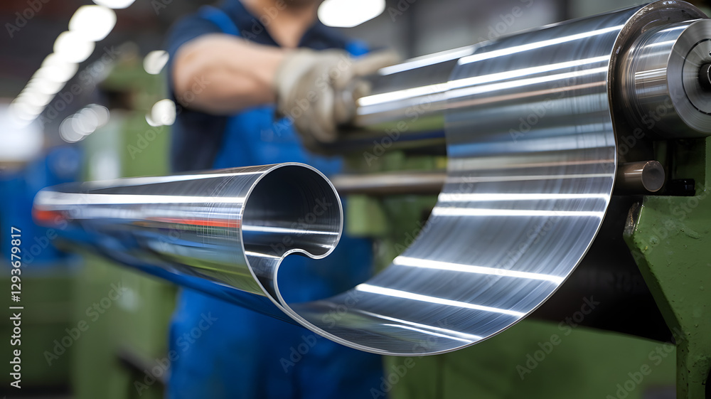 Poster rolling a metal sheet into a hollow profile. a close-up of a factory worker operating a metal rollin