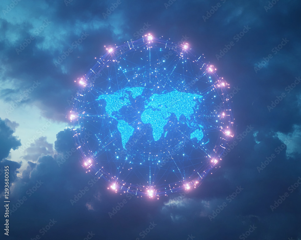 Poster Digital world map with glowing blue connections and lights, floating in a cloudy sky. The image symbolizes global communication, networking, and technology.
