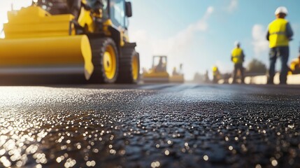 Freshly paved road with construction workers and heavy machinery