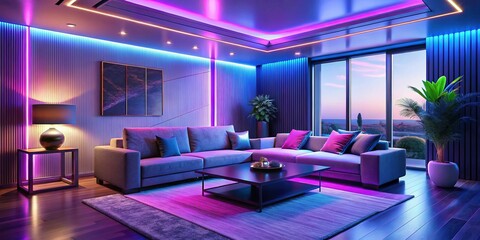 Modern Living Room Interior Design with Blue and Pink LED Accent Lighting