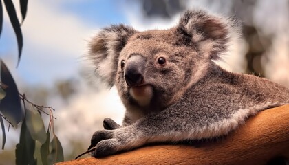 Fototapeta premium Koala in the Wilderness Majestic Koala Lounging among Gum Trees at Dusk, Capturing the Serene Beauty of Australias Outback