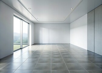 Obraz premium Modern Minimalist Empty Room with Grey Square Tiles & Blank White Wall - Stock Photo