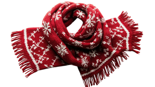 Cozy red knitted scarf with white snowflake patterns laid out elegantly during winter season