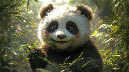 Obraz premium Cute Panda Eating Bamboo in Jungle