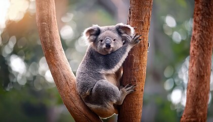 Naklejka premium Majestic Koala Perched Serenely Amongst Australian Eucalyptus, Warmth and Tranquility Radiate from the Forest Canopy in this Beautiful Aussie Moment.