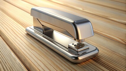 Modern Office Supplies: Close-up of a Metallic Stapler on a Wooden Desk