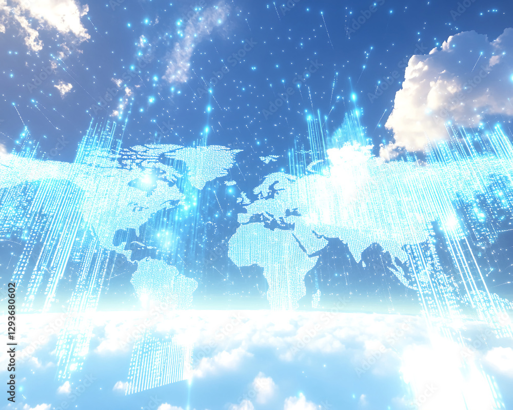 Aufkleber Digital world map with glowing data lines and dots above the clouds, symbolizing global connectivity, information exchange, and technological progress.