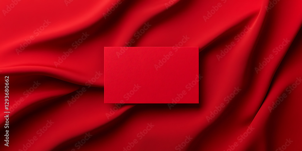 Poster red card on draped fabric with elegant, flowing folds, creating a visually striking and simple contr