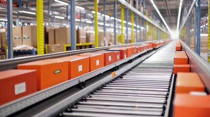 Fototapeta premium A large warehouse featuring a conveyor belt laden with boxes, alongside neatly organized boxes on shelves, showcasing efficient storage and logistics.