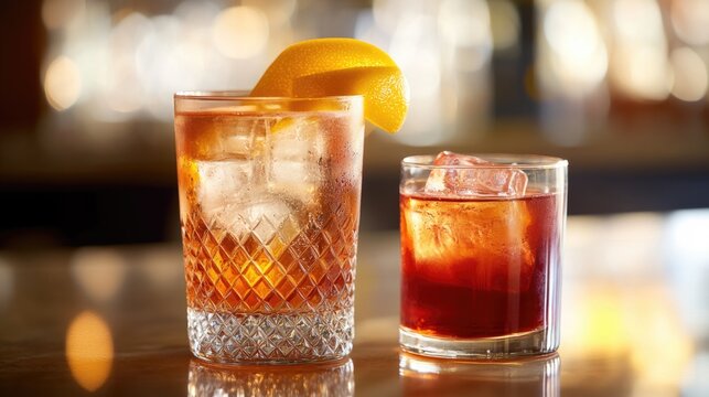 A pair of glasses and drinks on a table, ideal for use in hospitality or lifestyle scenes