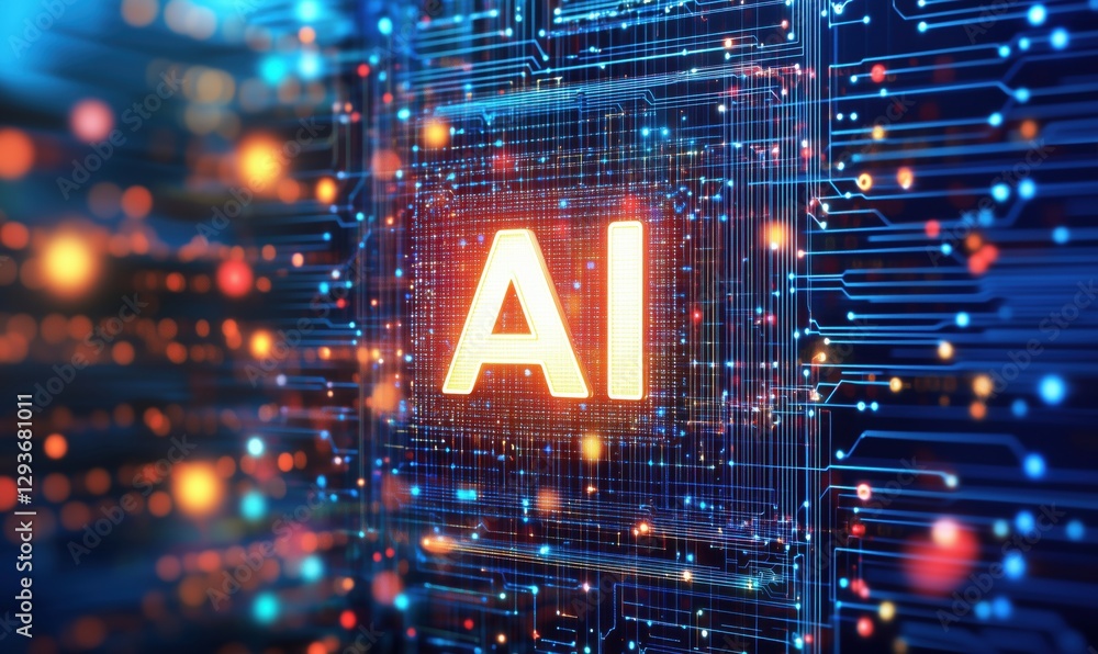 Poster artificial intelligence concept with circuit board background and glowing elements
