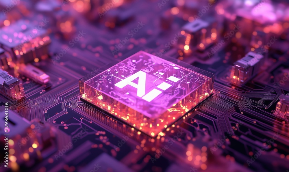 Poster artificial intelligence chip on circuit board with glowing effects and modern design