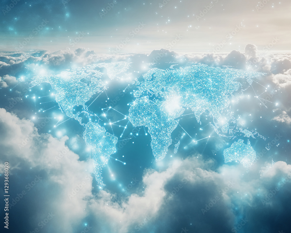 Aufkleber Digital world map with glowing lines and data points above the clouds, symbolizing global connectivity, technology, and digital networks.