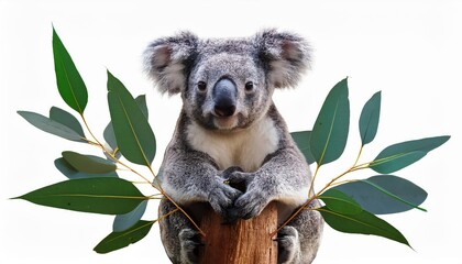 Fototapeta premium Endearing Koala Resting Amongst Eucalyptus Greenery Against a White Backdrop, Radiating Peace and Serenity in an Australian Wildlife Haven.