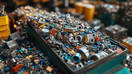 A box filled with various electronic components is displayed on a table, showcasing a diverse assortment for projects and repairs.
