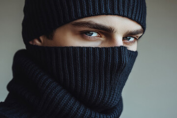 Naklejka premium Man in black knitwear gazing intently at the camera