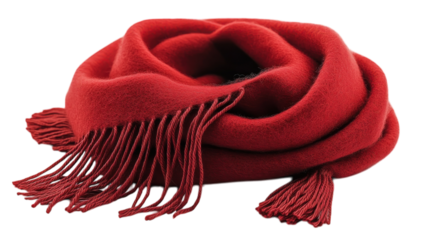 Soft red scarf with fringes draped elegantly, perfect for stylish winter outfits or cozy evenings