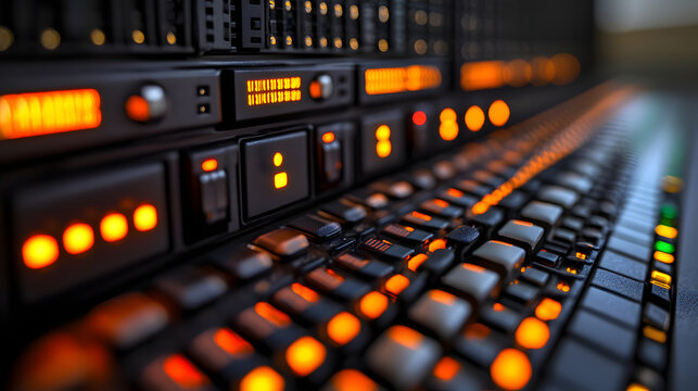 Control Panel: A close-up, abstract shot of a complex control panel, highlighting the intricate details and glowing orange lights that signal activity within. - Powered by Adobe