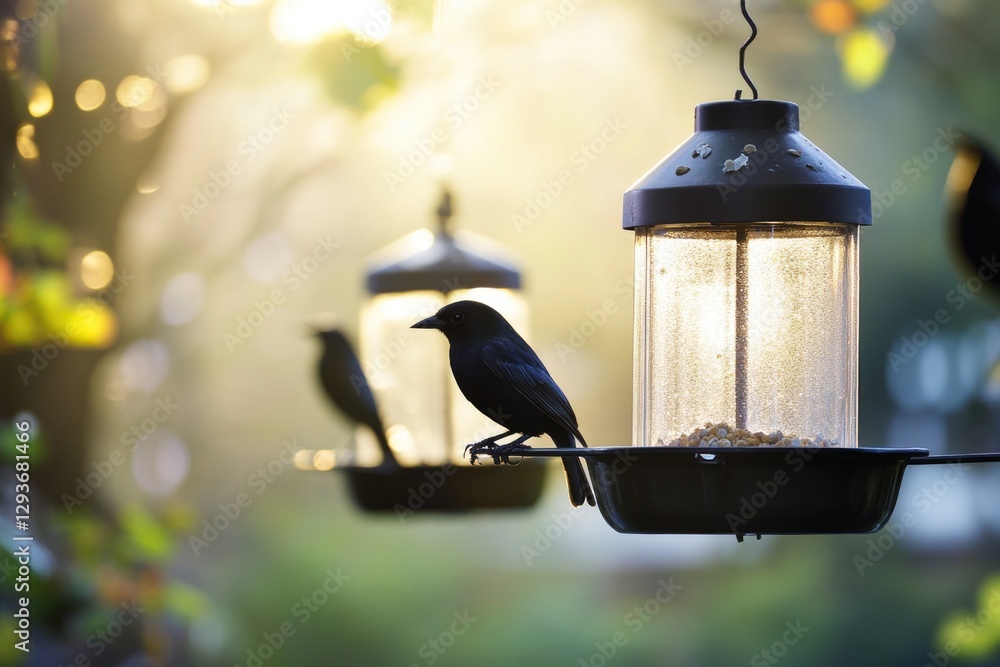Poster a bird perched on a bird feeder, possibly searching for food