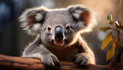 Fototapeta premium Koala lounging in a eucalyptus grove at dawn, capturing the tranquility and beauty of Australian bushland with lush greenery and warm sunlight.