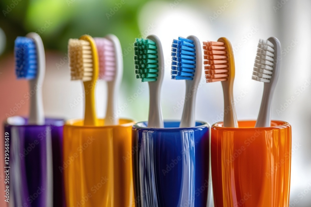 Poster A collection of toothbrushes arranged neatly in a cup, ready for use