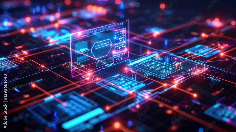Poster Bright neon patterns create a complex digital landscape, featuring interconnected circuit designs and glowing nodes that represent advanced technology concepts and data flow.