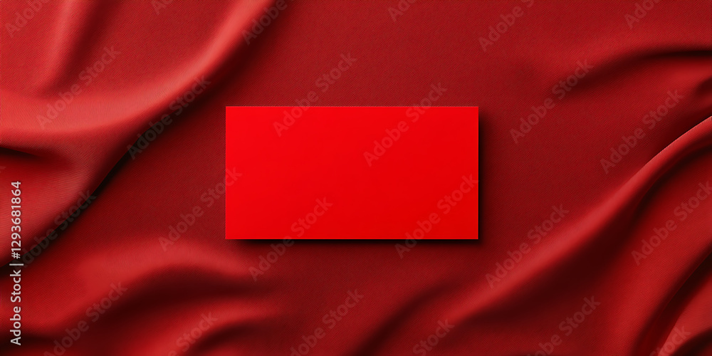 Poster a solid red rectangular block rests on a background of rippled red fabric, creating a visually strik