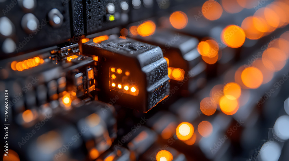 Poster data center gears: an intense close-up showcases the intricate hardware of a data center, with a foc