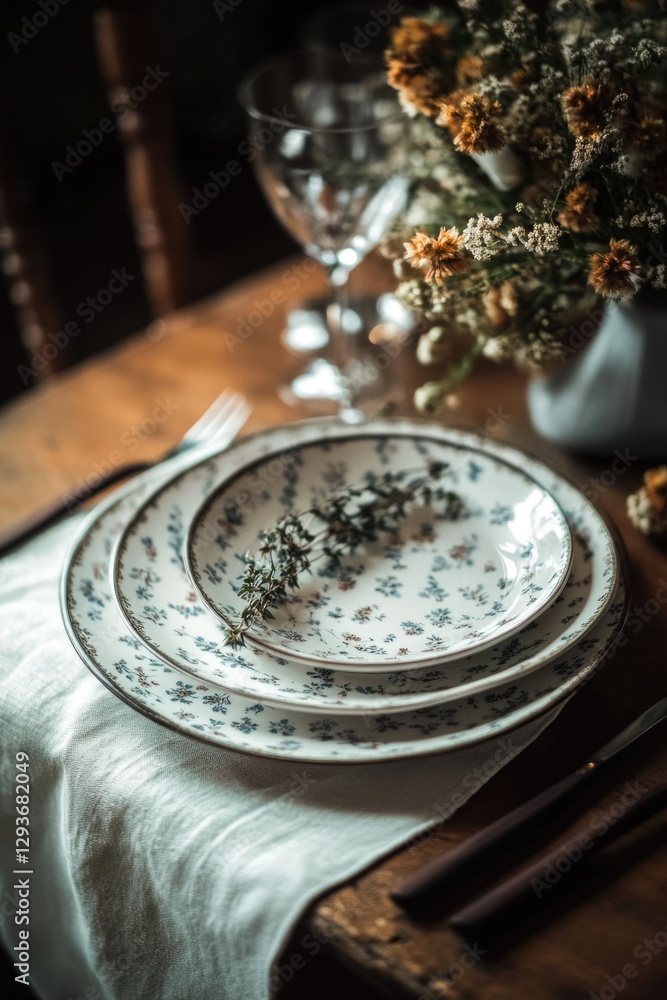 Poster close-up photo of a plate on a table with various dishes and utensils