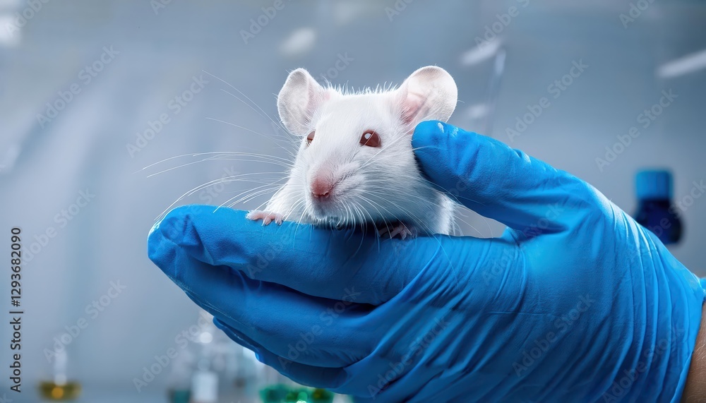 Poster lab technician working with a white mouse in a modern laboratory setting, illuminating precision and